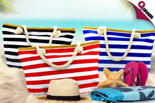 From QR35 Get your Beach-on with Beautiful Colorful Striped Cotton Beach Bags! (Up to QR118 Value)